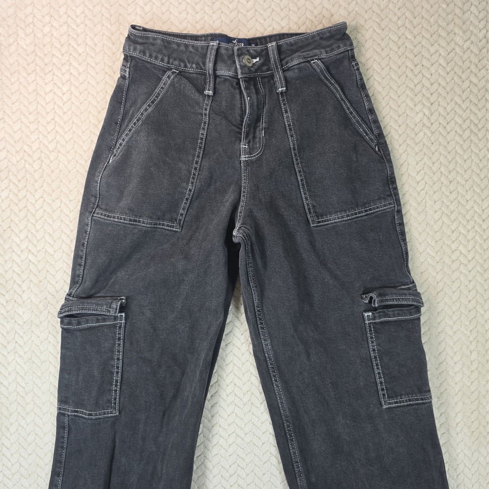 Hollister High Rise Vintage Baggy Cargo Jeans Black Contrast Stitch 1R W25 L31 - Picture 2 of 12